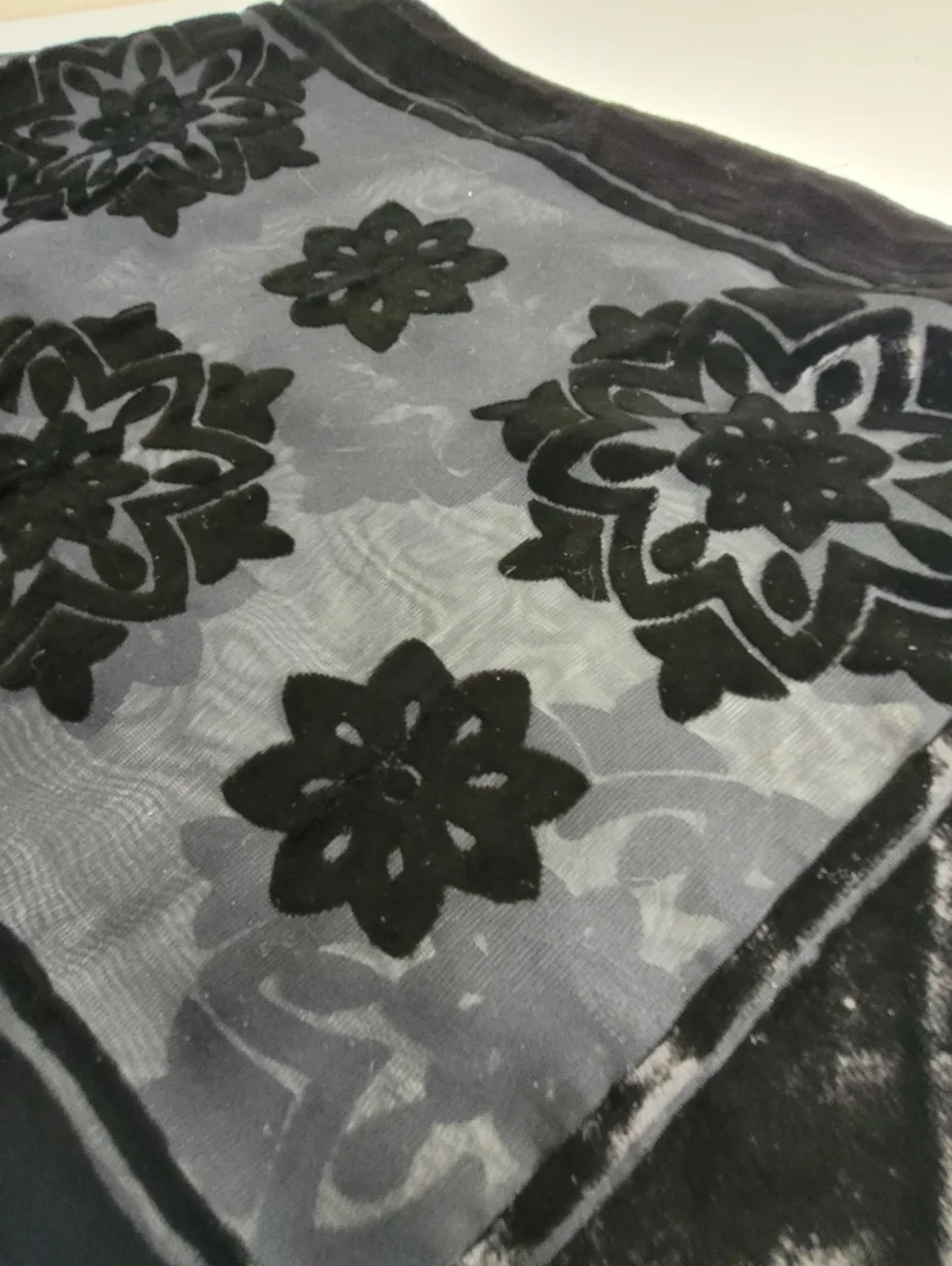 Whimsigoth Crushed Velvet Floral Sheer Lightweight Black Scarf W Long Fringe